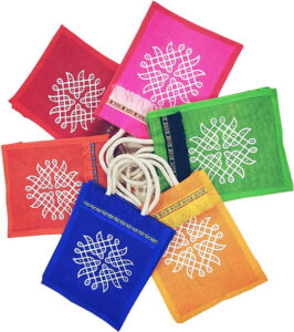 Jute Bags With Contrast Kolam Print For Return Gifts Thamboolam Bags